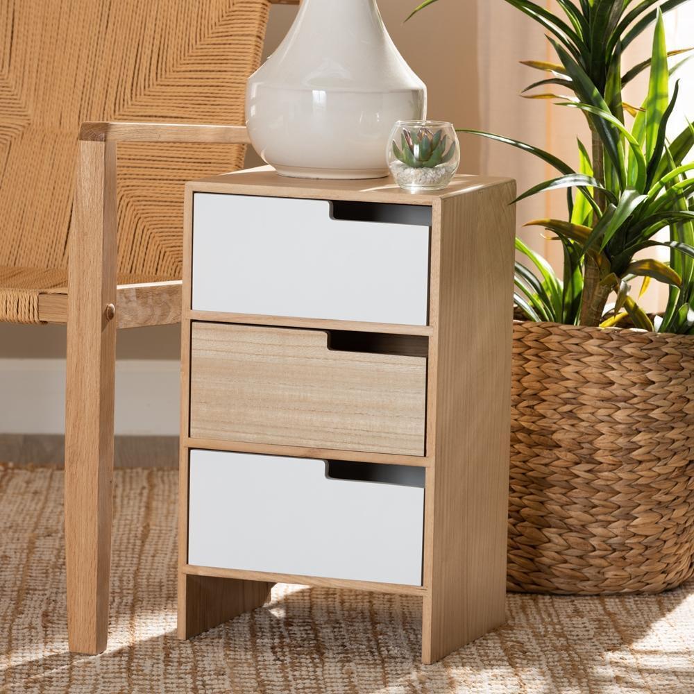 Eben Modern and Contmeporary Two-Tone White and Oak Brown Finished Wood 3-Drawer Storage Cabinet FredCo