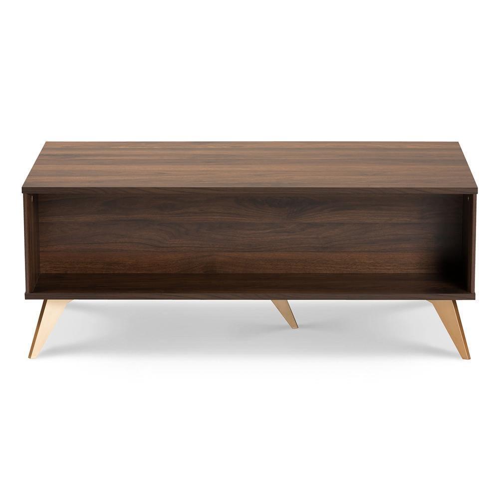 Edel Mid-Century Modern Walnut Brown and Gold Finished Wood Coffee Table FredCo