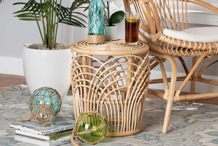 Edena Modern Bohemian Natural Brown Finished Rattan End Table FredCo