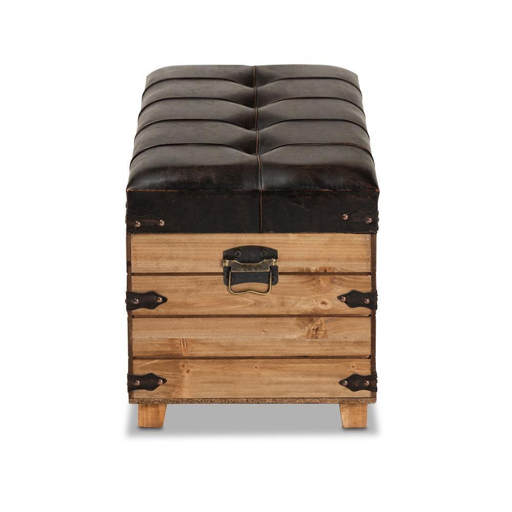 Edmund Rustic Transitional Dark Brown Faux Leather Upholstered and Oak Brown Finished Wood Storage Ottoman FredCo