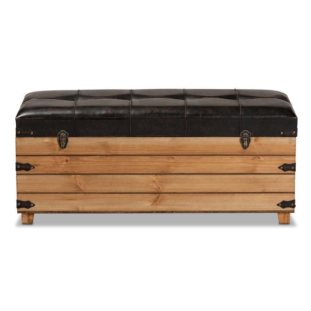 Edmund Rustic Transitional Dark Brown Faux Leather Upholstered and Oak Brown Finished Wood Storage Ottoman FredCo