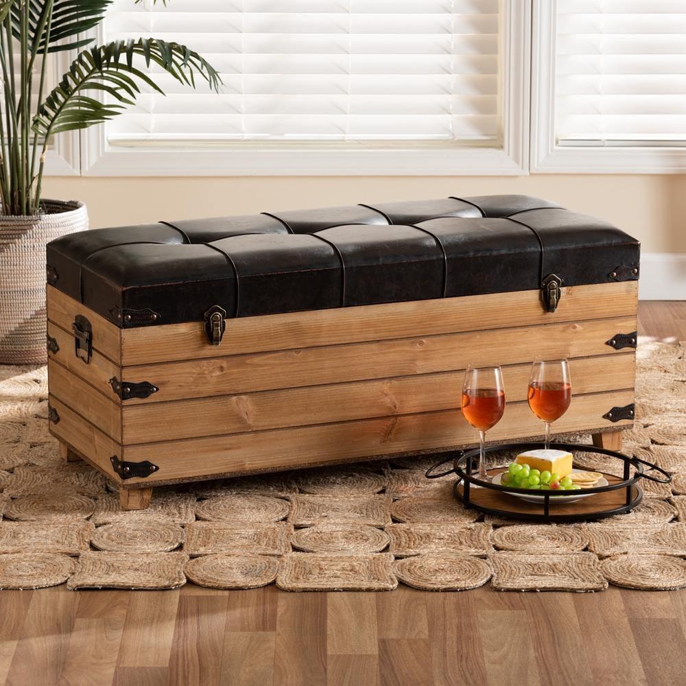 Edmund Rustic Transitional Dark Brown Faux Leather Upholstered and Oak Brown Finished Wood Storage Ottoman FredCo