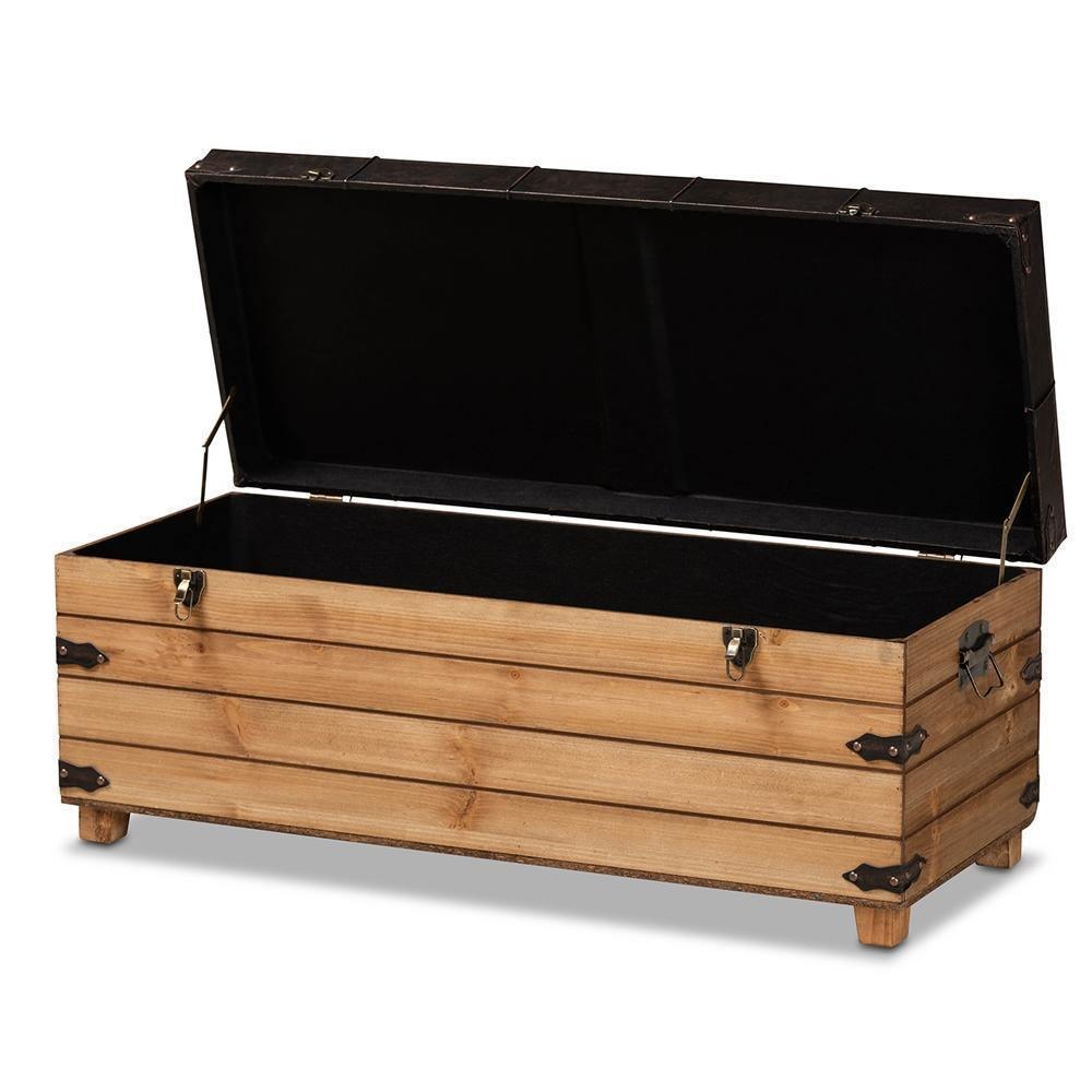 Edmund Rustic Transitional Dark Brown Faux Leather Upholstered and Oak Brown Finished Wood Storage Ottoman FredCo