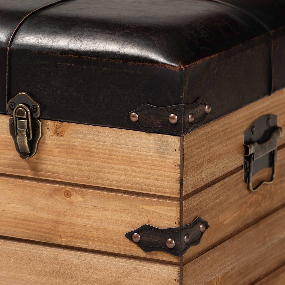 Edmund Rustic Transitional Dark Brown Faux Leather Upholstered and Oak Brown Finished Wood Storage Ottoman FredCo