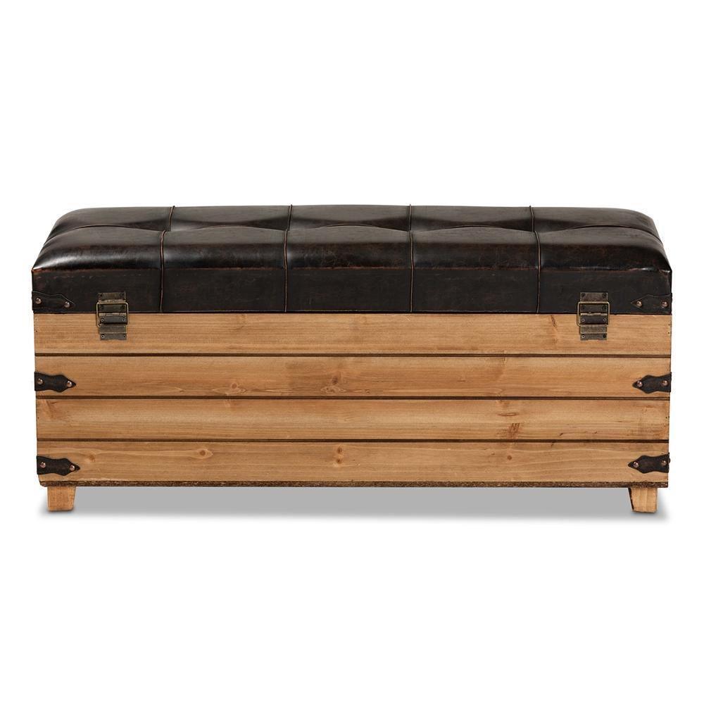 Edmund Rustic Transitional Dark Brown Faux Leather Upholstered and Oak Brown Finished Wood Storage Ottoman FredCo