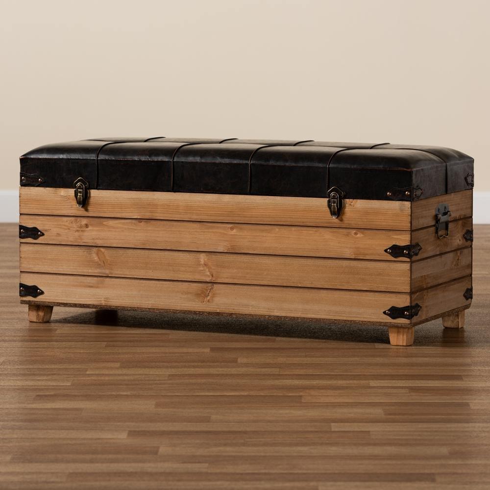 Edmund Rustic Transitional Dark Brown Faux Leather Upholstered and Oak Brown Finished Wood Storage Ottoman FredCo