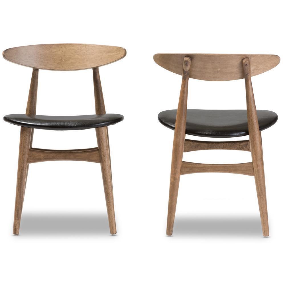 Edna Mid-Century Modern French Black Faux Leather and "Oak" Light Brown Finishing Wood Dining Chair FredCo