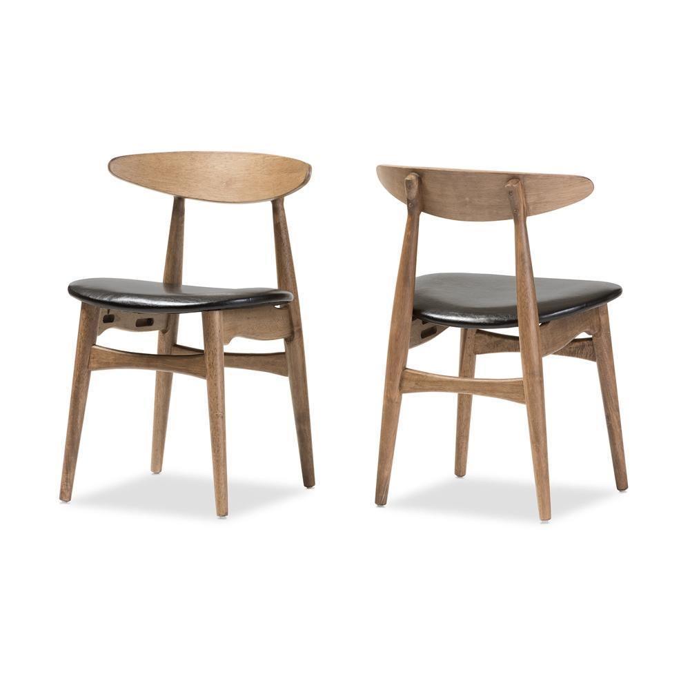 Edna Mid-Century Modern French Black Faux Leather and "Oak" Light Brown Finishing Wood Dining Chair FredCo