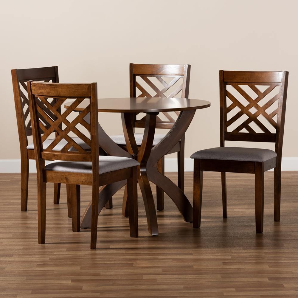 Edona Modern and Contemporary Grey Fabric Upholstered and Walnut Brown Finished Wood 5-Piece Dining Set FredCo