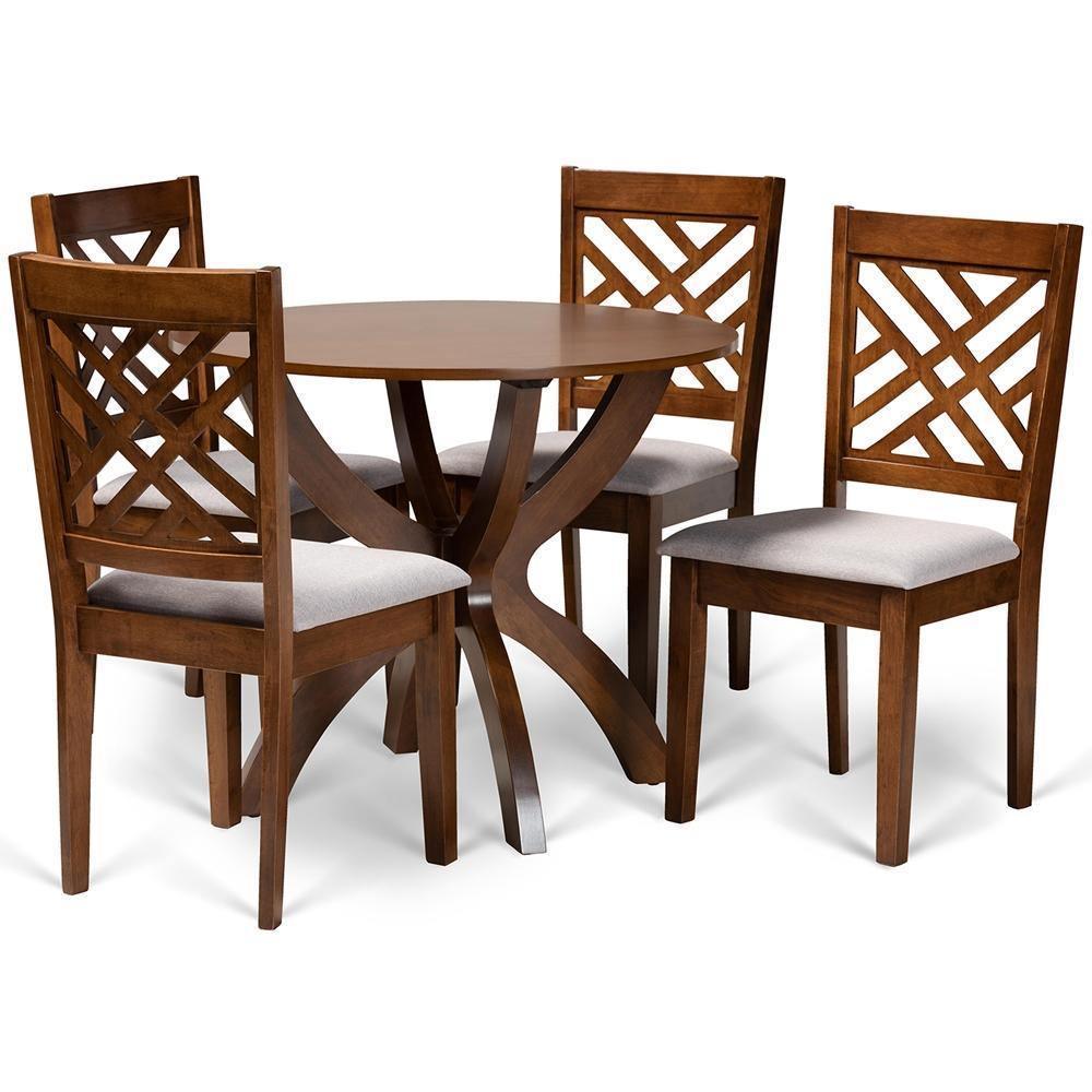 Edona Modern and Contemporary Grey Fabric Upholstered and Walnut Brown Finished Wood 5-Piece Dining Set FredCo
