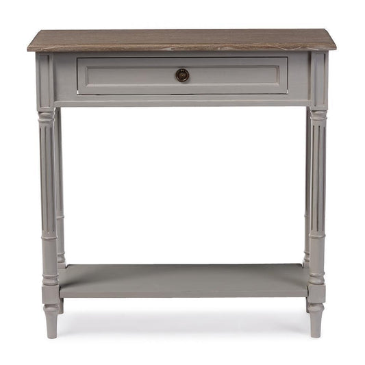 Edouard French Provincial Style White Wash Distressed Wood and Grey Two-tone 1-drawer Console Table FredCo