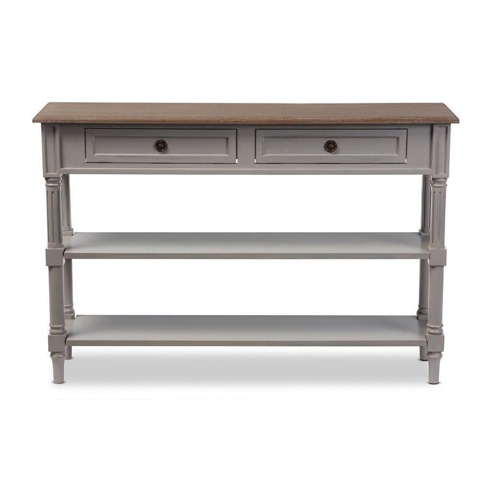 Edouard French Provincial Style White Wash Distressed Wood and Grey Two-tone 2-drawer Console Table FredCo