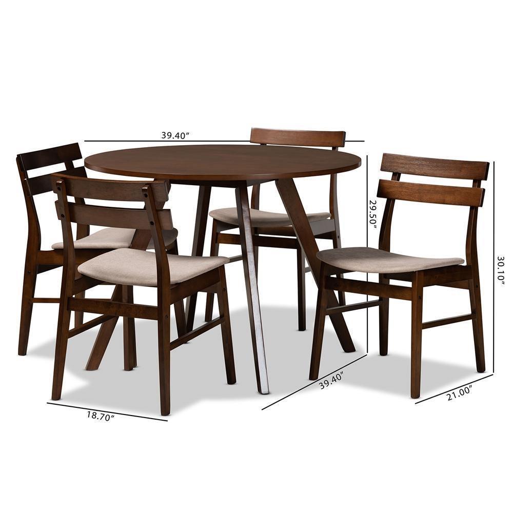 Eiko Mid-Century Modern Transitional Light Beige Fabric Upholstered and Walnut Brown Finished Wood 5-Piece Dining Set FredCo