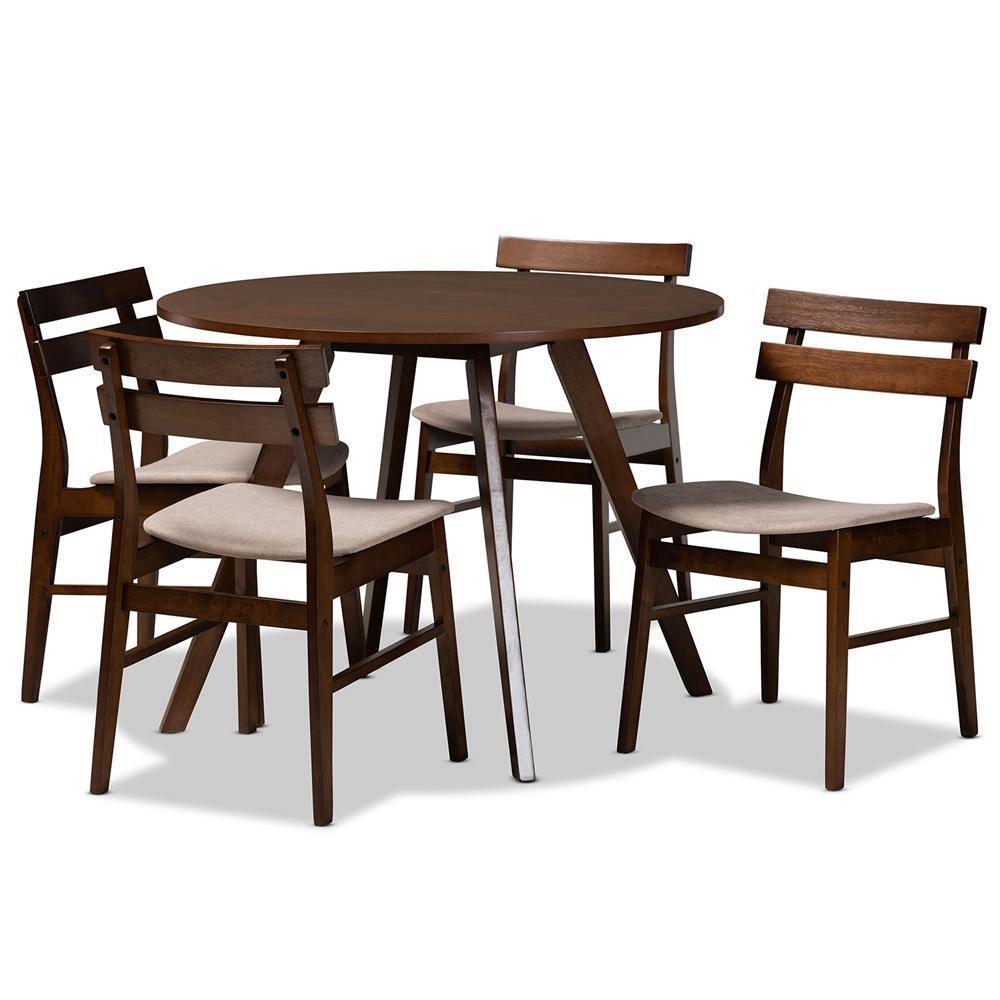 Eiko Mid-Century Modern Transitional Light Beige Fabric Upholstered and Walnut Brown Finished Wood 5-Piece Dining Set FredCo