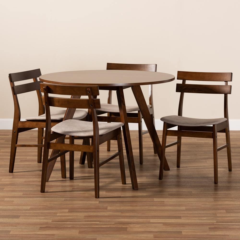 Eiko Mid-Century Modern Transitional Light Beige Fabric Upholstered and Walnut Brown Finished Wood 5-Piece Dining Set FredCo
