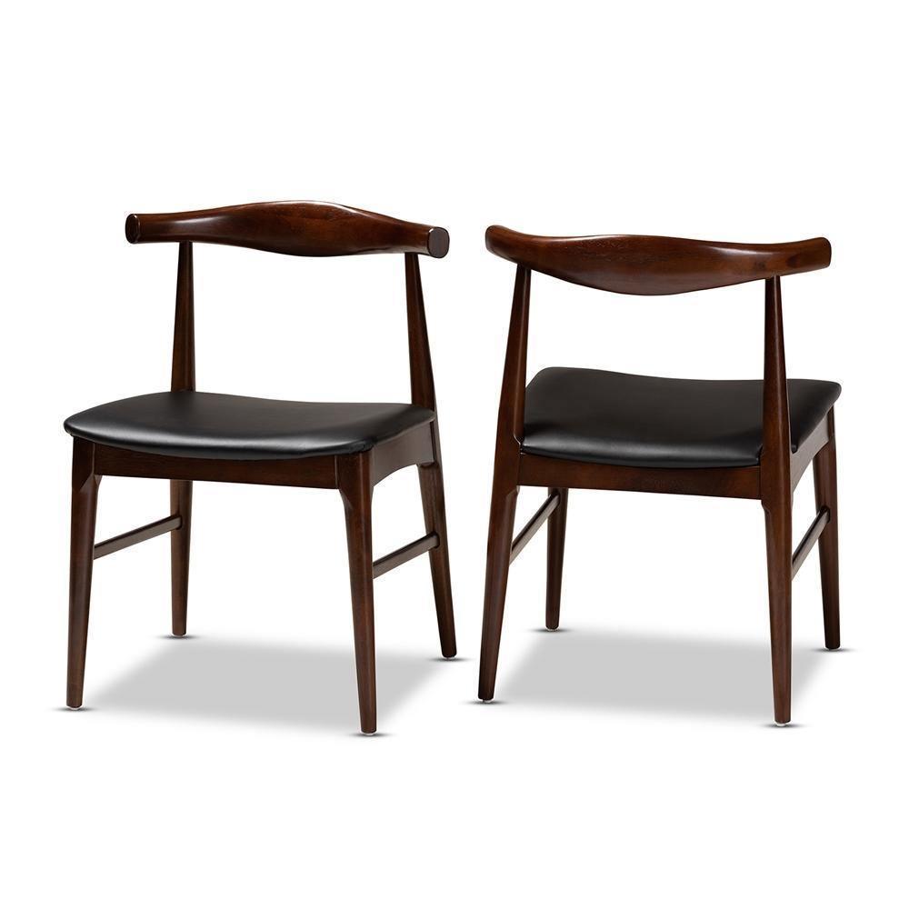 Eira Mid-Century Modern Black Faux Leather Upholstered Walnut Finished Wood Dining Chair Set of 2 FredCo
