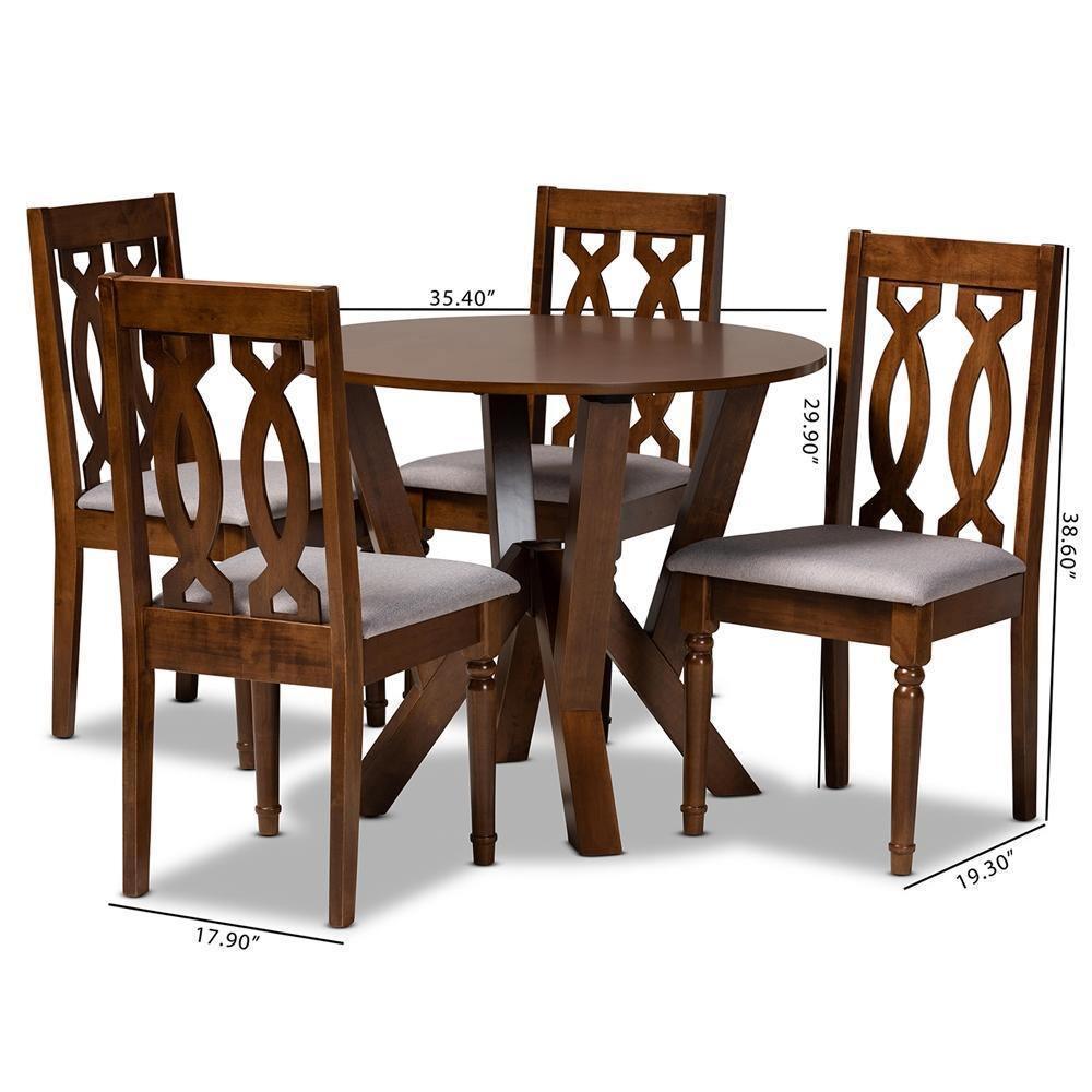 Elaine Modern and Contemporary Grey Fabric Upholstered and Walnut Brown Finished Wood 5-Piece Dining Set FredCo