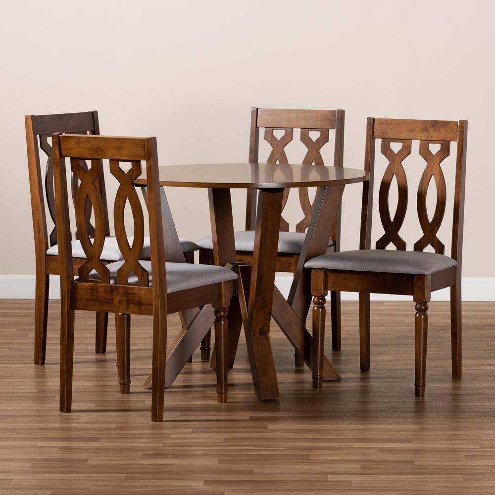 Elaine Modern and Contemporary Grey Fabric Upholstered and Walnut Brown Finished Wood 5-Piece Dining Set FredCo