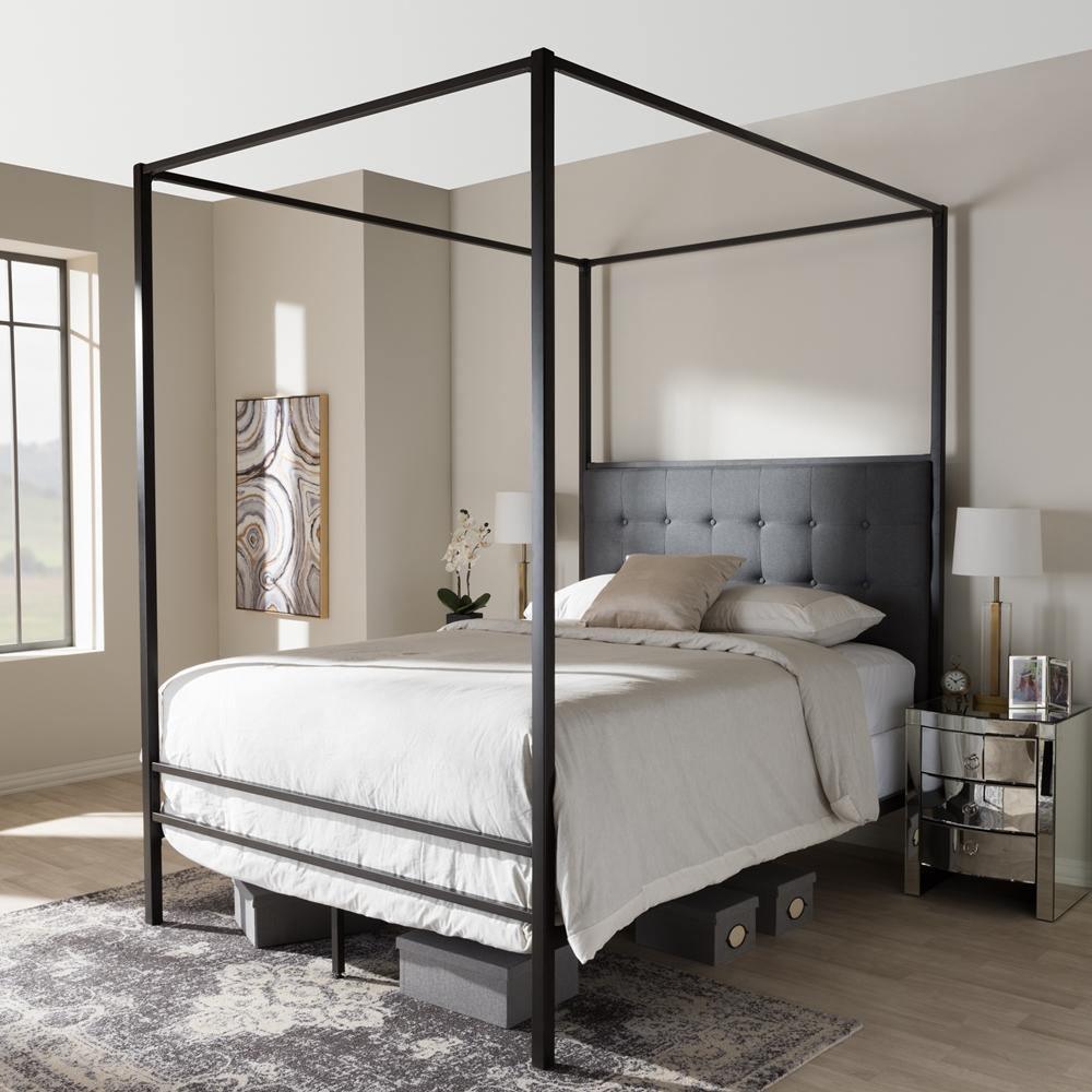 Eleanor Modern and Contemporary Dark Bronze Metal Grey Fabric Canopy Queen Bed FredCo