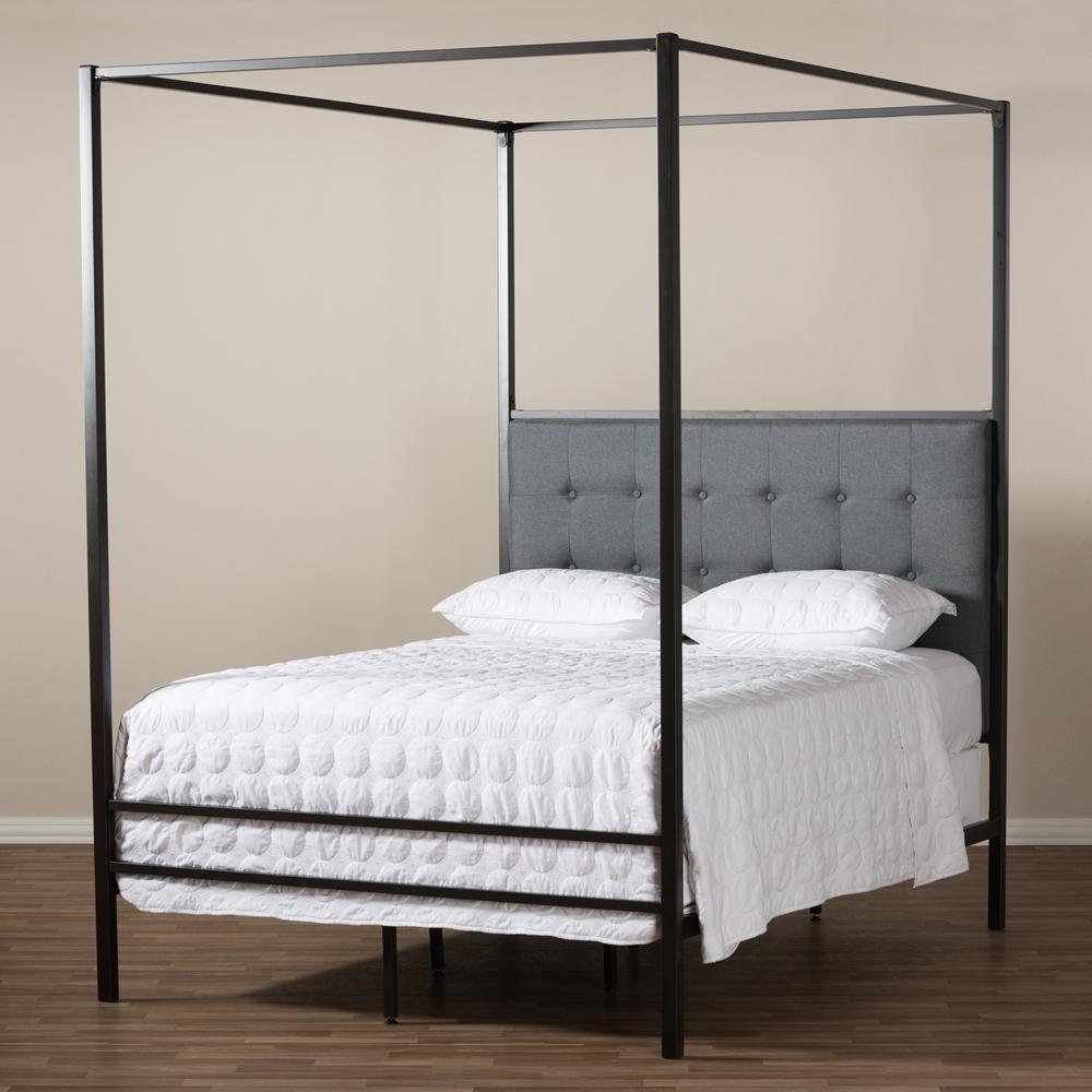 Eleanor Modern and Contemporary Dark Bronze Metal Grey Fabric Canopy Queen Bed FredCo