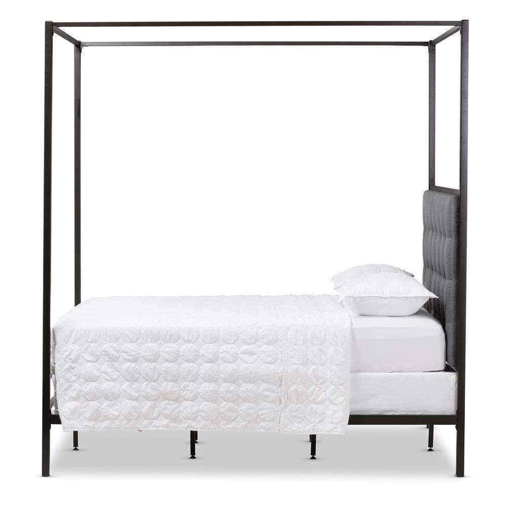 Eleanor Modern and Contemporary Dark Bronze Metal Grey Fabric Canopy Queen Bed FredCo