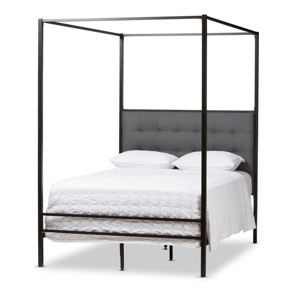 Eleanor Modern and Contemporary Dark Bronze Metal Grey Fabric Canopy Queen Bed FredCo
