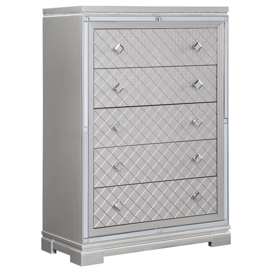 Eleanor Upholstered Tufted Bedroom Set Metallic Coaster California King, 5 Piece FredCo