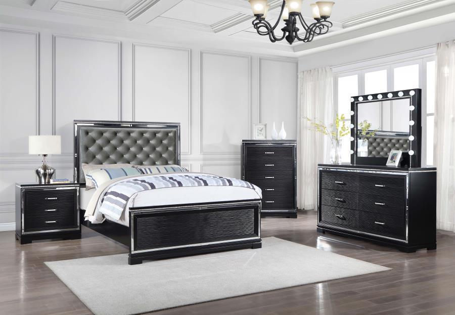 Eleanor Upholstered Tufted Bedroom Set Silver and Black Coaster California King, 5 Piece FredCo