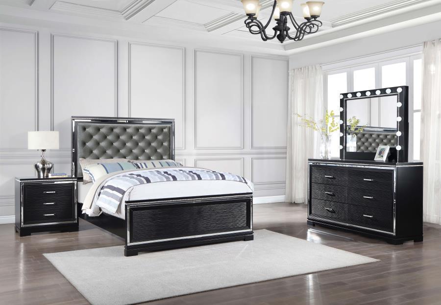 Eleanor Upholstered Tufted Bedroom Set Silver and Black Coaster Eastern King, 4 Piece FredCo