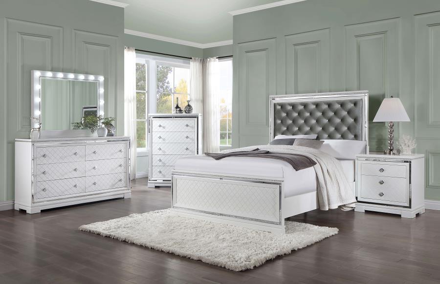 Eleanor Upholstered Tufted Bedroom Set White Coaster Eastern King, 5 Piece FredCo