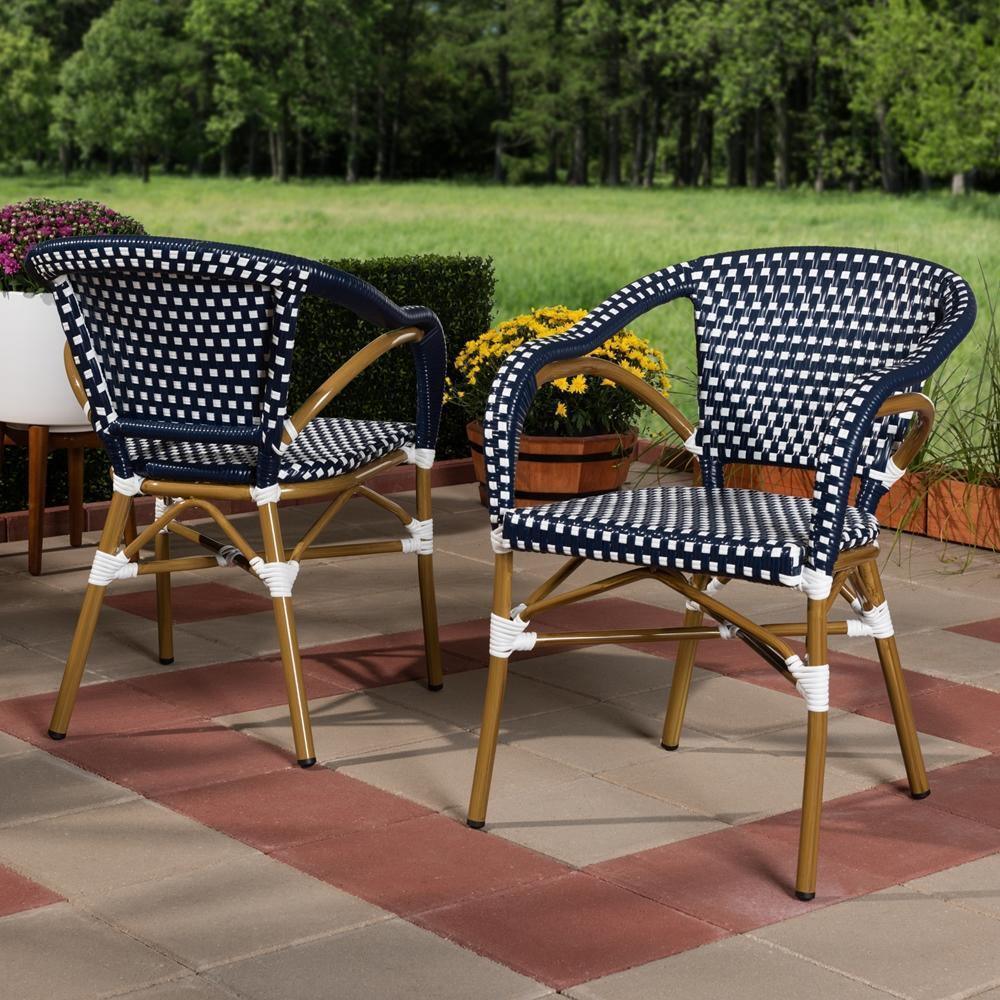 Eliane Classic French Indoor and Outdoor Navy and White Bamboo Style Stackable Bistro Dining Chair Set of 2 FredCo