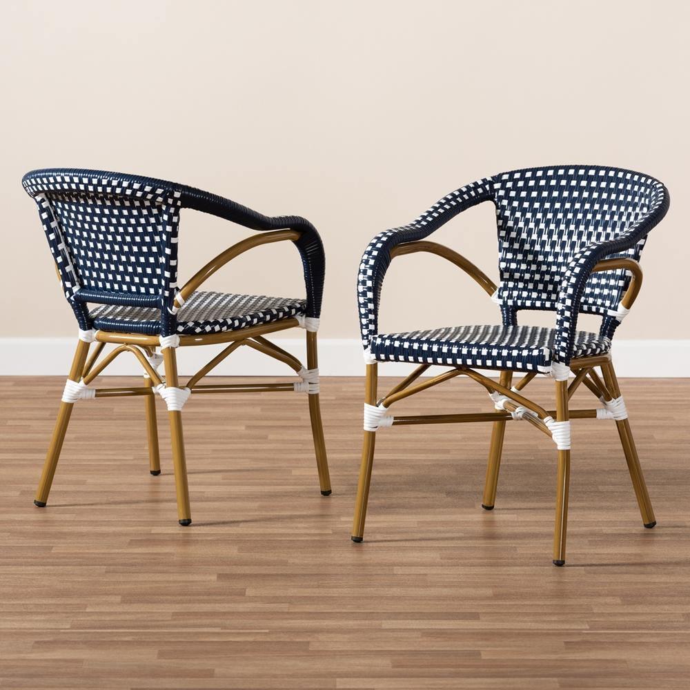 Eliane Classic French Indoor and Outdoor Navy and White Bamboo Style Stackable Bistro Dining Chair Set of 2 FredCo