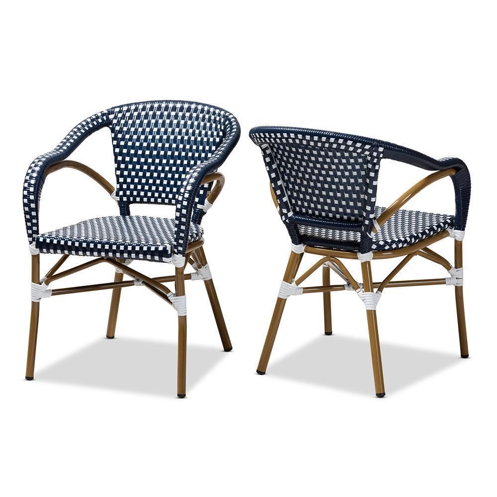 Eliane Classic French Indoor and Outdoor Navy and White Bamboo Style Stackable Bistro Dining Chair Set of 2 FredCo