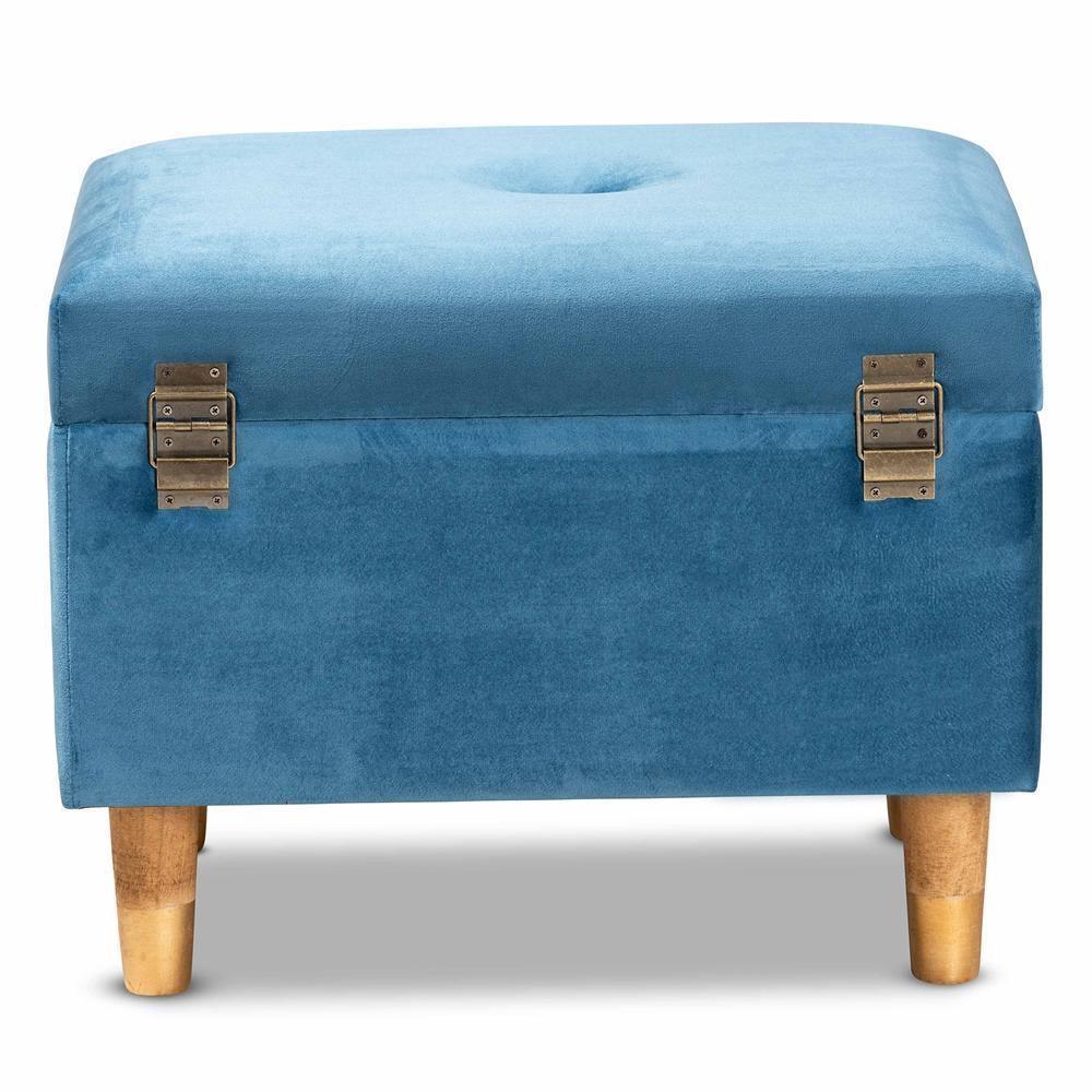 Elias Modern and Contemporary Sky Blue Velvet Fabric Upholstered and Oak Brown Finished Wood Storage Ottoman FredCo