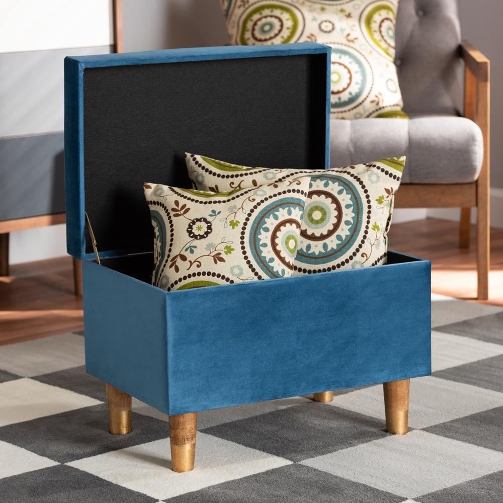 Elias Modern and Contemporary Sky Blue Velvet Fabric Upholstered and Oak Brown Finished Wood Storage Ottoman FredCo
