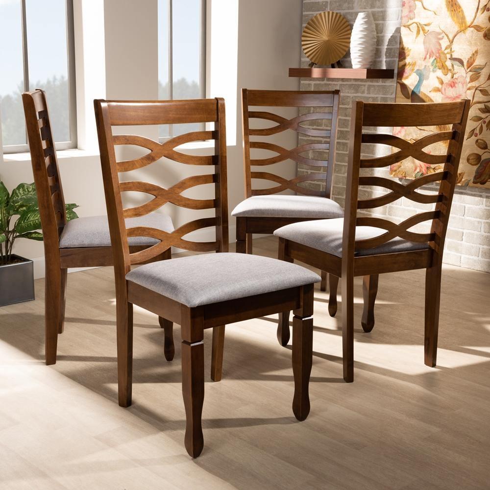 Elijah Modern and Contemporary Grey Fabric Upholstered and Walnut Brown Finished Wood 4-Piece Dining Chair Set FredCo