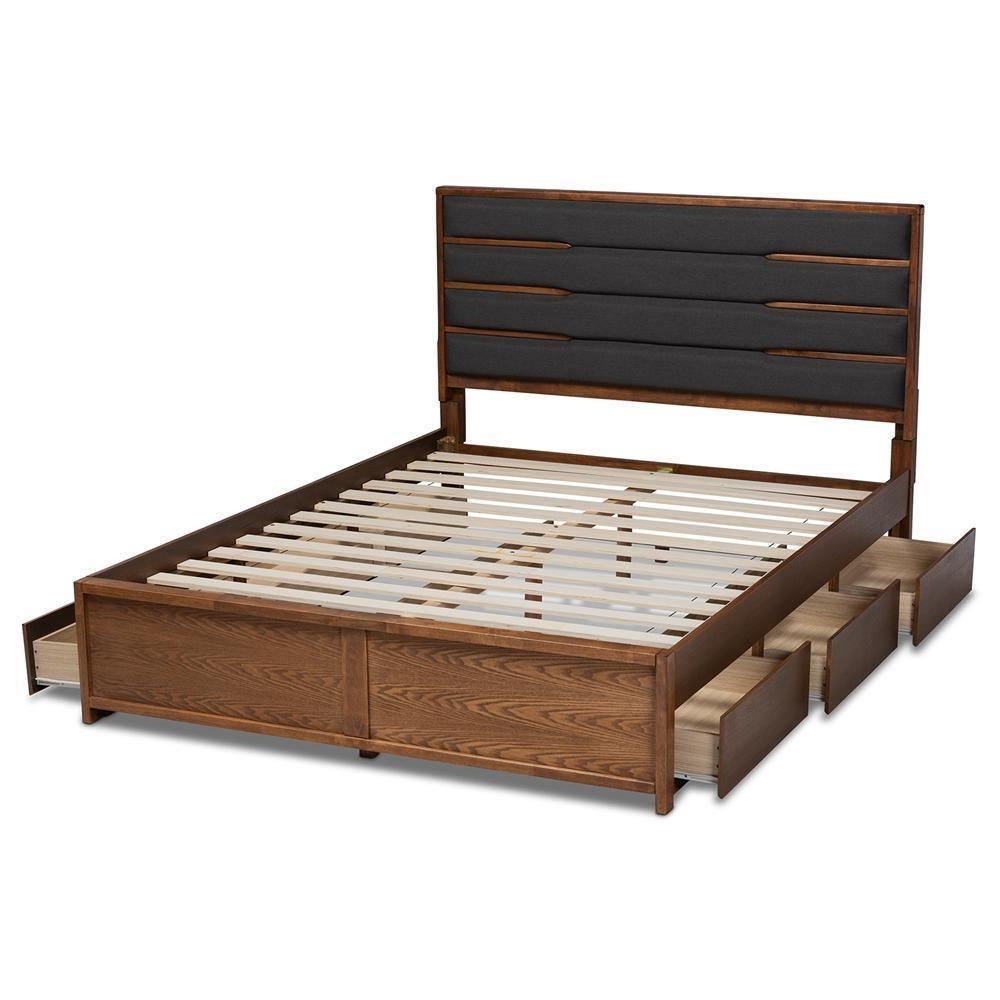 Elin Modern and Contemporary Dark Grey Fabric Upholstered Walnut Finished Wood Queen Size Platform Storage Bed with Six Drawers FredCo