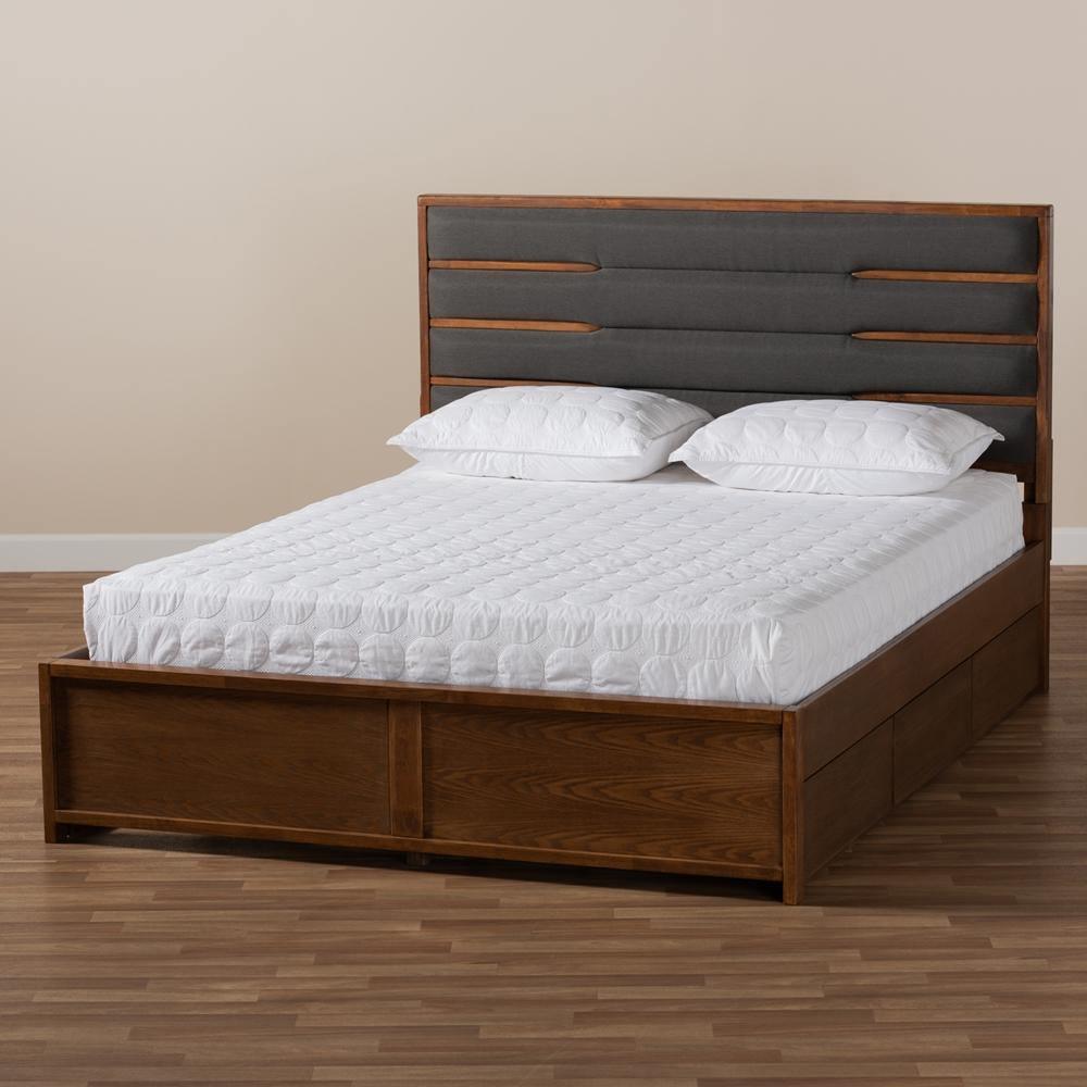 Elin Modern and Contemporary Dark Grey Fabric Upholstered Walnut Finished Wood Queen Size Platform Storage Bed with Six Drawers FredCo