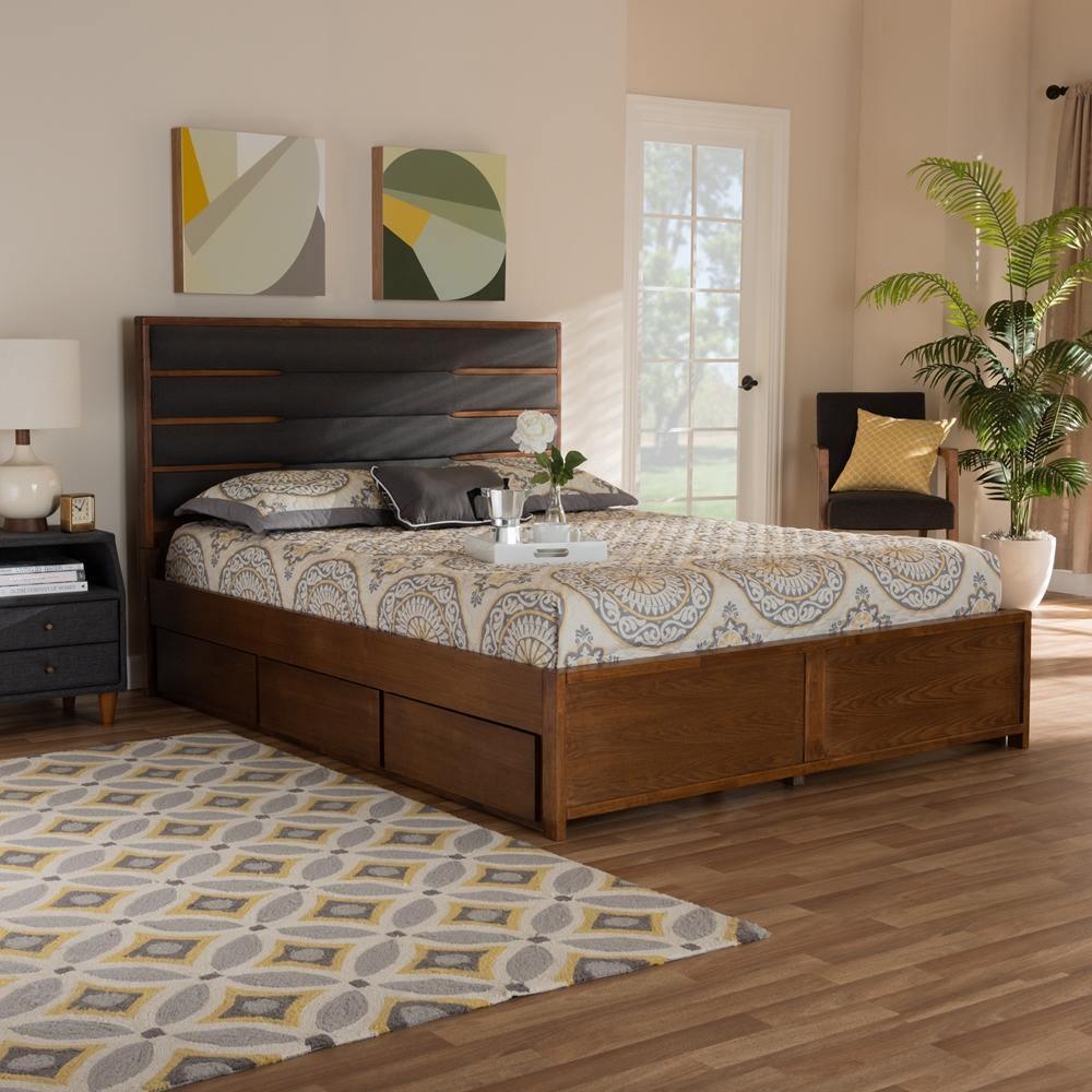 Elin Modern and Contemporary Dark Grey Fabric Upholstered Walnut Finished Wood Queen Size Platform Storage Bed with Six Drawers FredCo