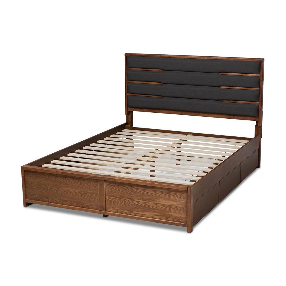 Elin Modern and Contemporary Dark Grey Fabric Upholstered Walnut Finished Wood Queen Size Platform Storage Bed with Six Drawers FredCo