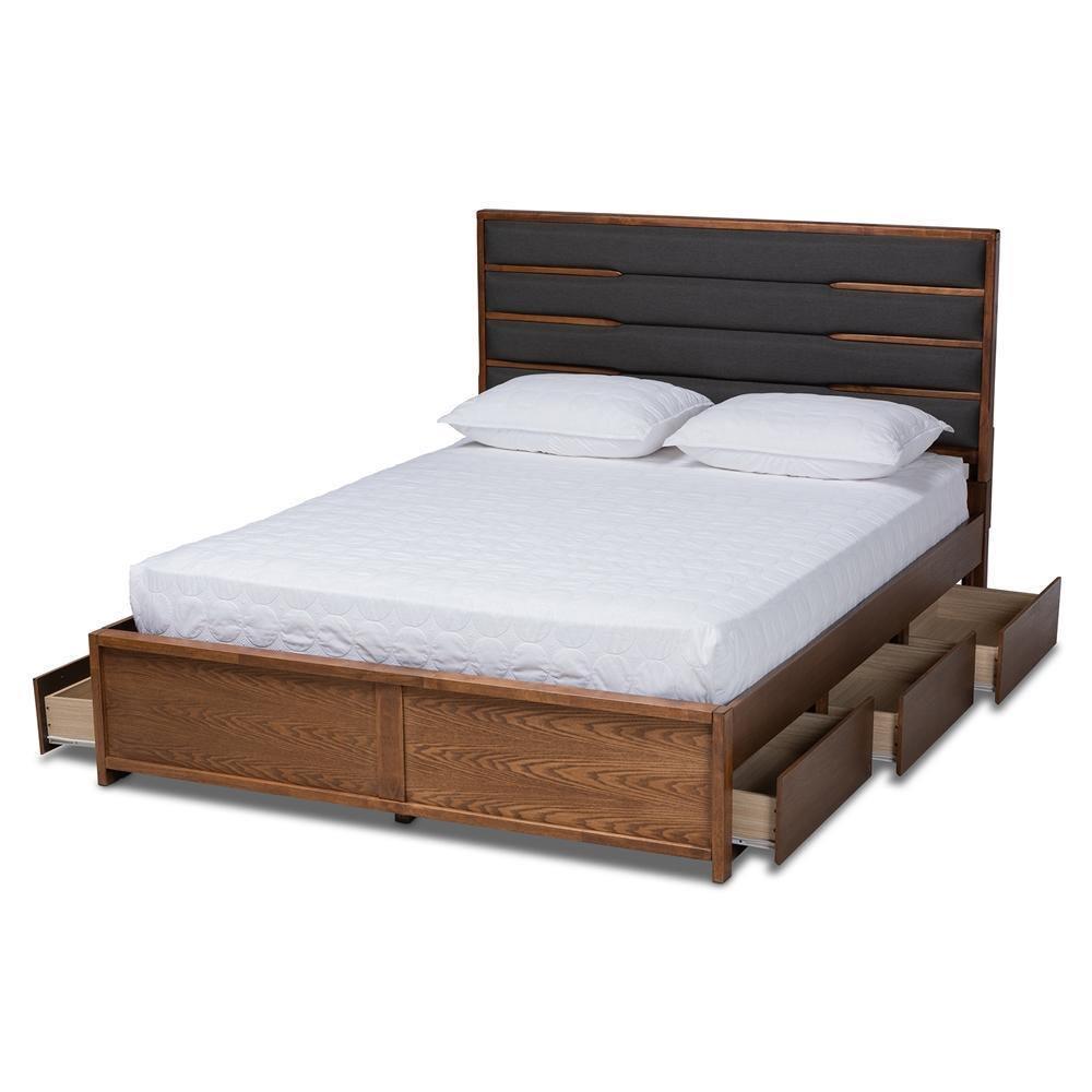 Elin Modern and Contemporary Dark Grey Fabric Upholstered Walnut Finished Wood Queen Size Platform Storage Bed with Six Drawers FredCo