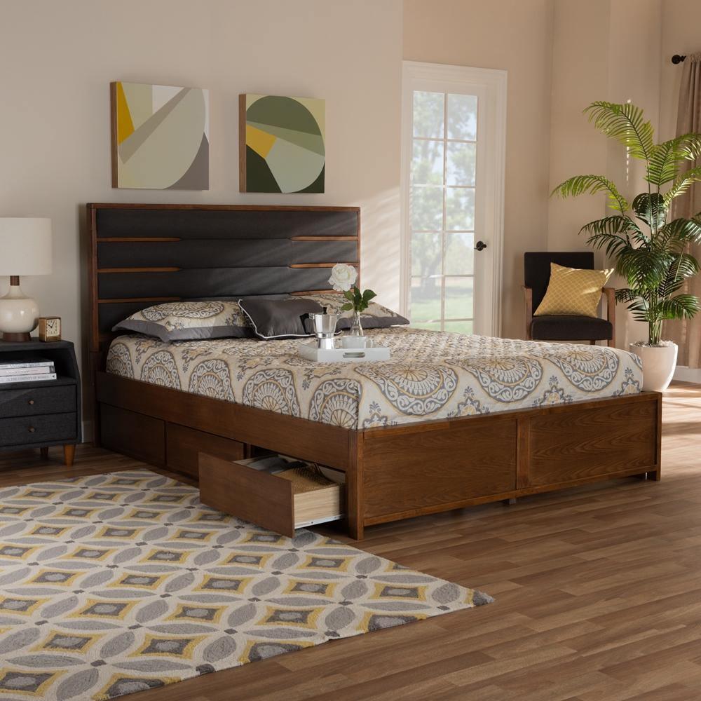 Elin Modern and Contemporary Dark Grey Fabric Upholstered Walnut Finished Wood Queen Size Platform Storage Bed with Six Drawers FredCo