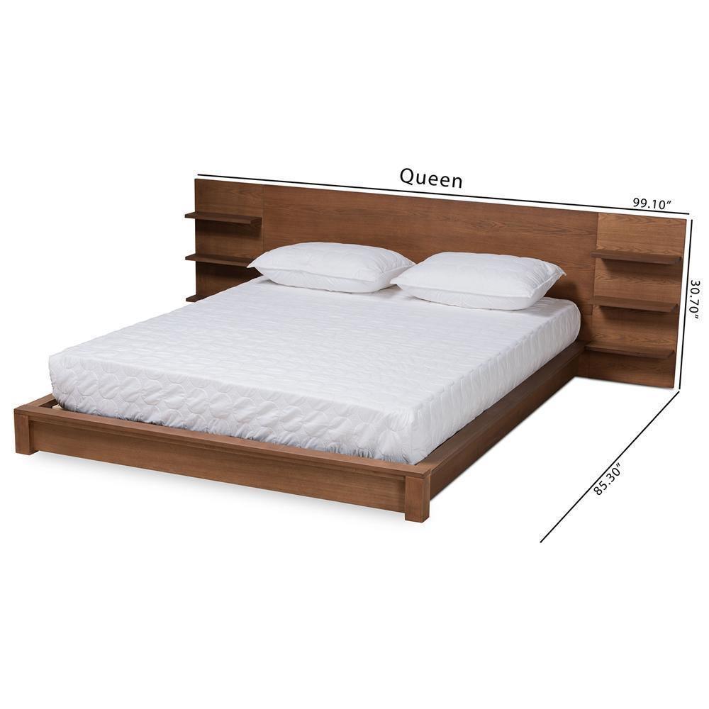 Elina Modern and Contemporary Walnut Brown Finished Wood Queen Size Platform Storage Bed with Shelves FredCo