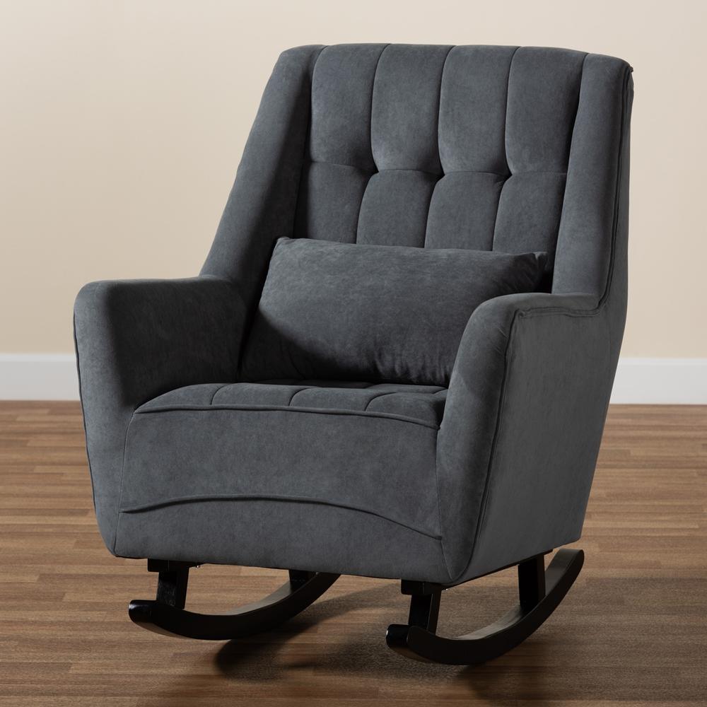 Elisa Modern and Contemporary Grey Fabric Upholstered and Dark Brown Finished Wood Rocking Chair FredCo