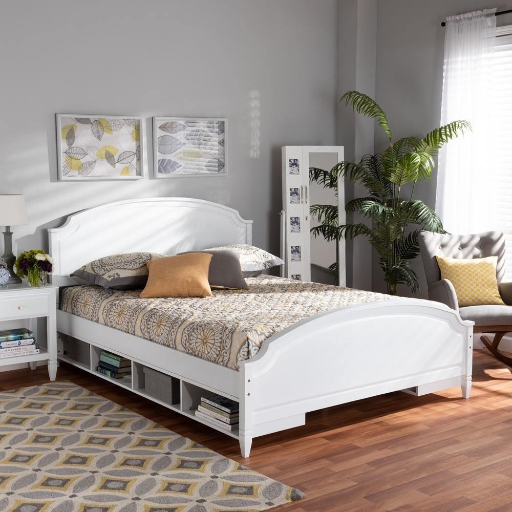 Elise Classic and Traditional Transitional White Finished Wood Queen Size Storage Platform Bed FredCo
