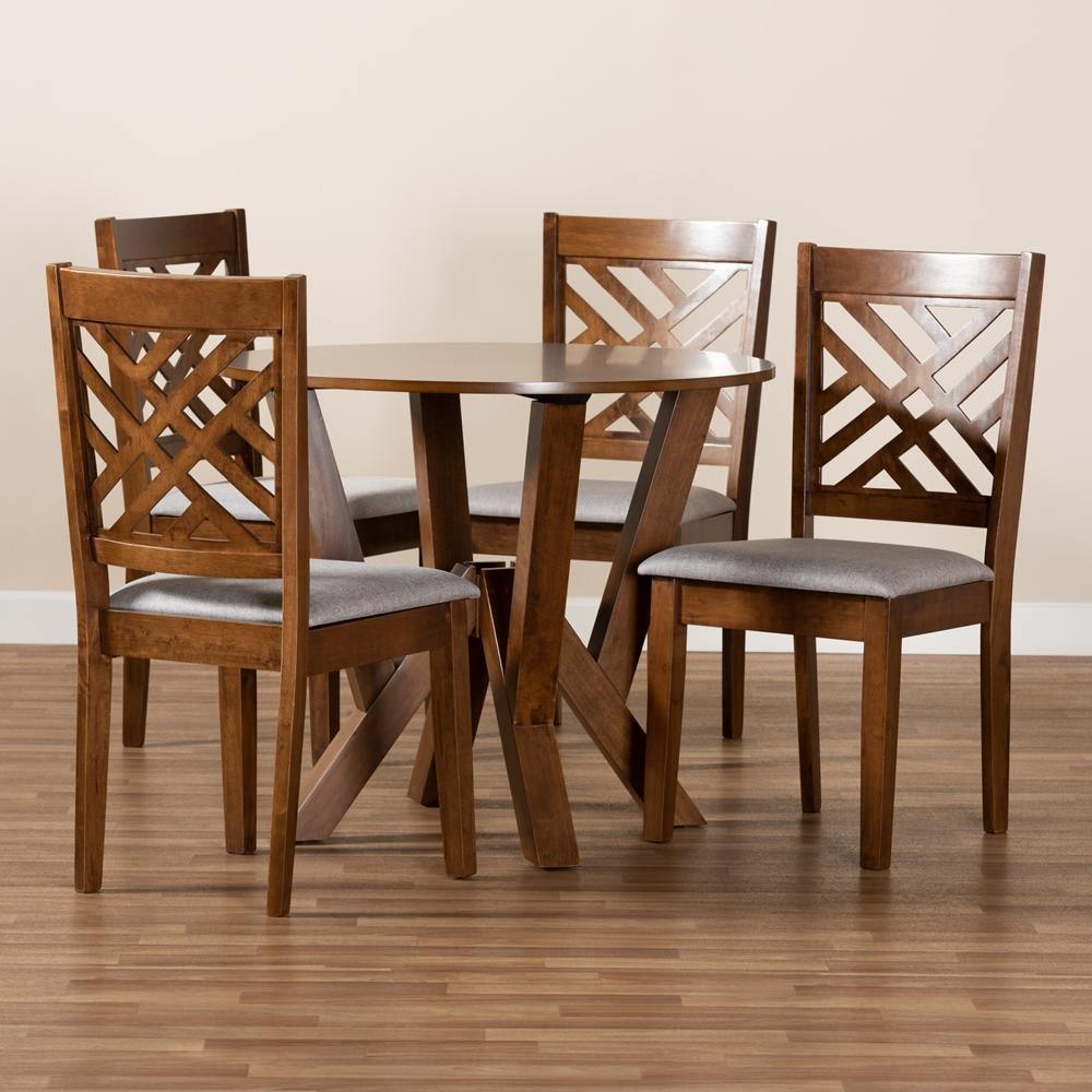 Elise Modern and Contemporary Grey Fabric Upholstered and Walnut Brown Finished Wood 5-Piece Dining Set FredCo
