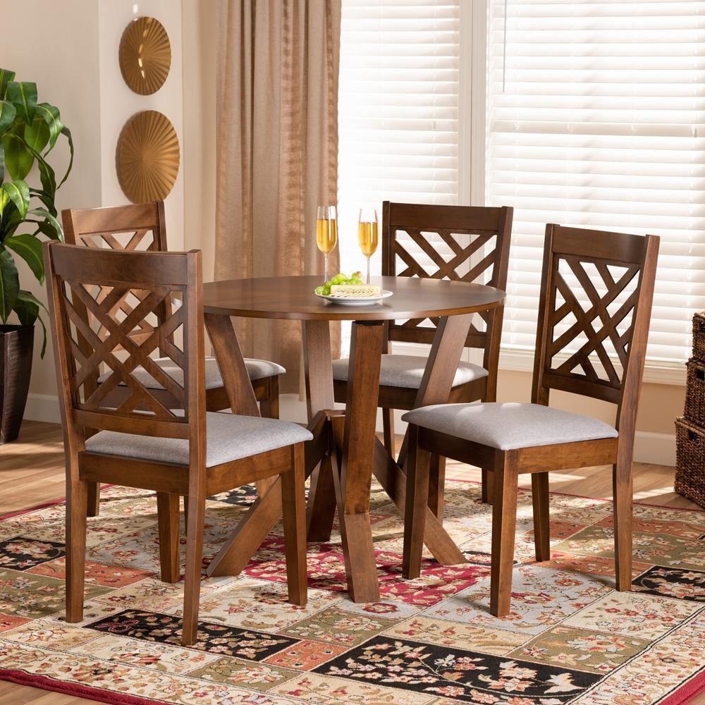Elise Modern and Contemporary Grey Fabric Upholstered and Walnut Brown Finished Wood 5-Piece Dining Set FredCo