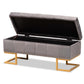 Ellery Luxe and Glam Grey Velvet Fabric Upholstered and Gold Finished Metal Storage Ottoman FredCo