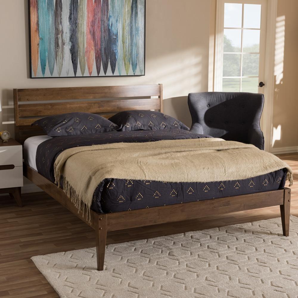 Elmdon Mid-Century Modern Solid Walnut Wood Slatted Headboard Style Full Size Platform Bed FredCo