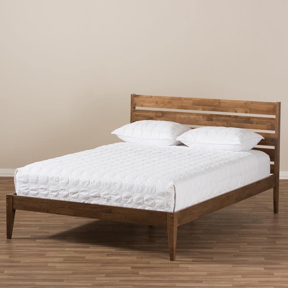 Elmdon Mid-Century Modern Solid Walnut Wood Slatted Headboard Style Queen Size Platform Bed FredCo